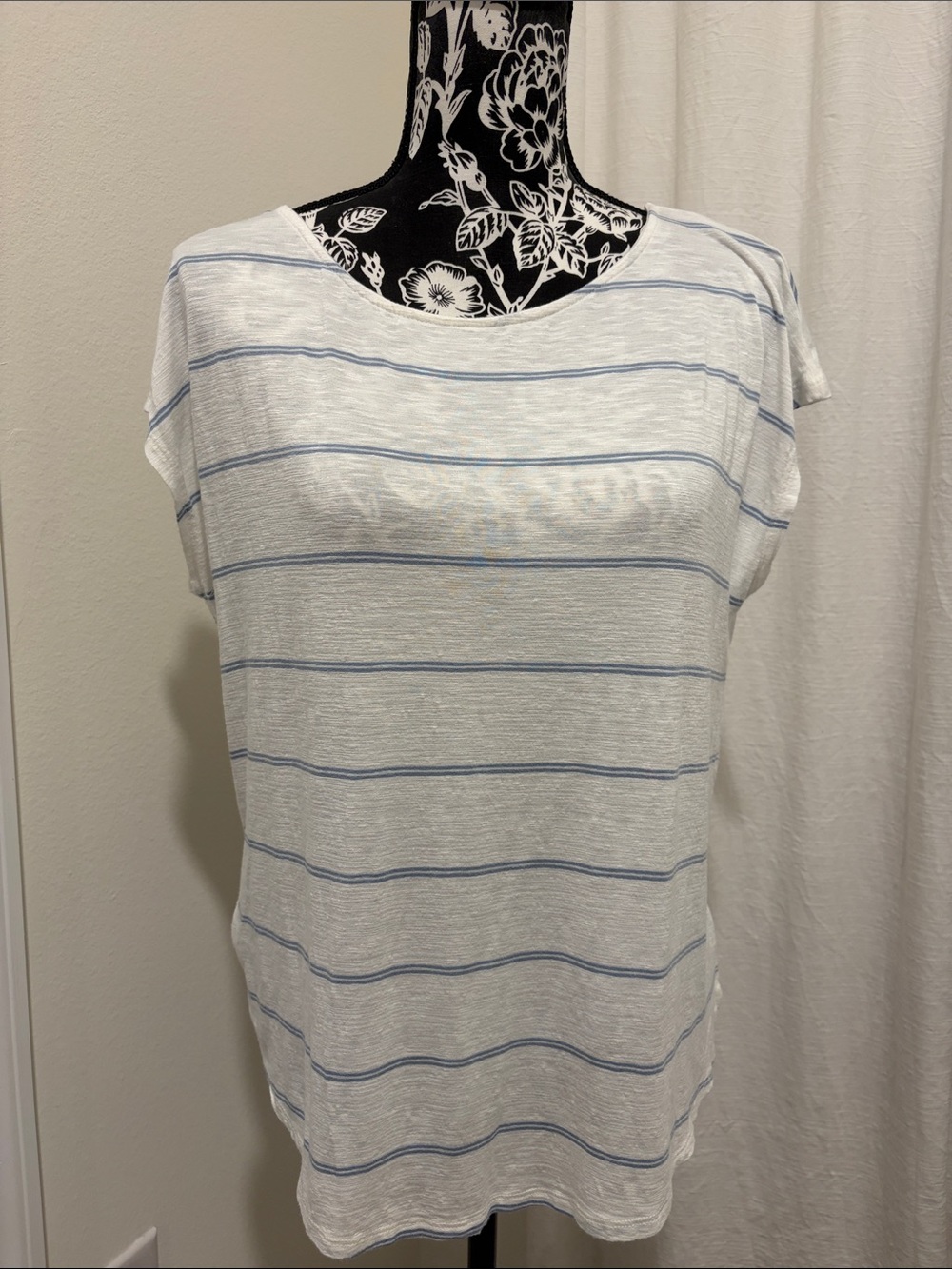 Green Envelope Stretchy Soft White Tee with Light Blue Stripes